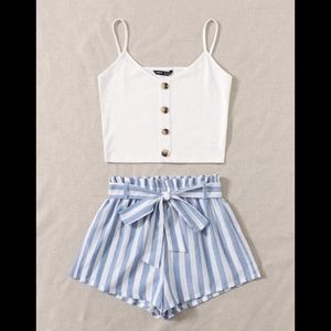 Button Front Rib-knit Cami Top & Paperbag Waist Belted Shorts Set